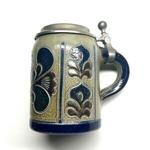 Vintage Handmade Pottery Handarbeit German Blue White Presentation Beer Stein